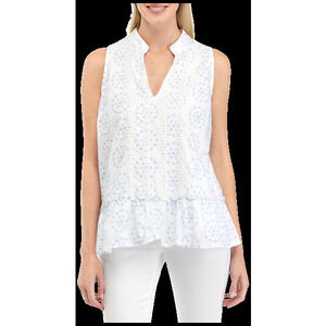 crown & Ivy white & blue ruffle hem sand dollar sleeveless top